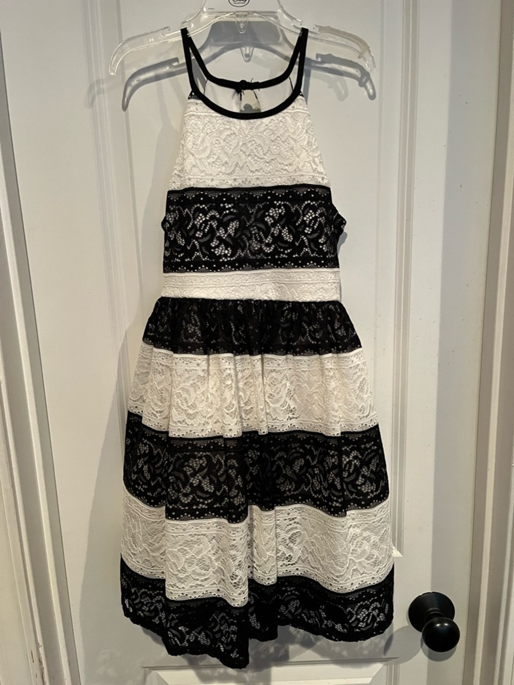 Sequin Hearts Black & White Lace Tiered Halter Dress